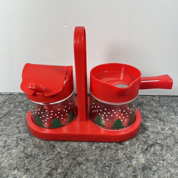 Vintage 1970’s Gemco Cream And Sugar Glass Set w/ Holder Spoon Christmas Trees - Picture 1 of 12